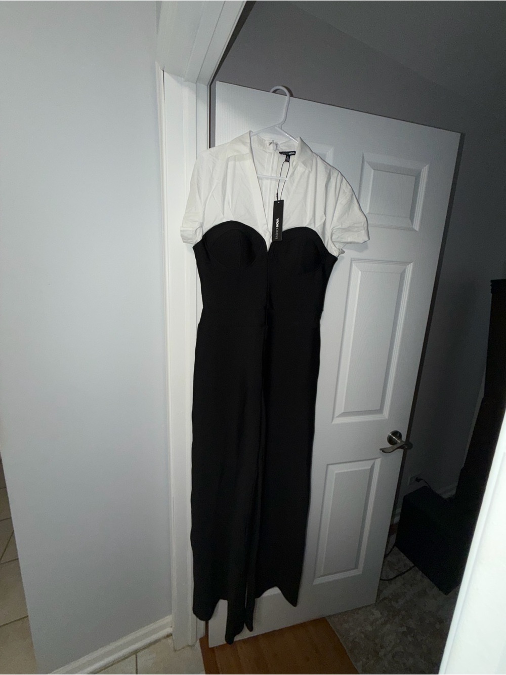 Fashion Nova Two-Tone One-Shoulder Jumpsuit in Black and White